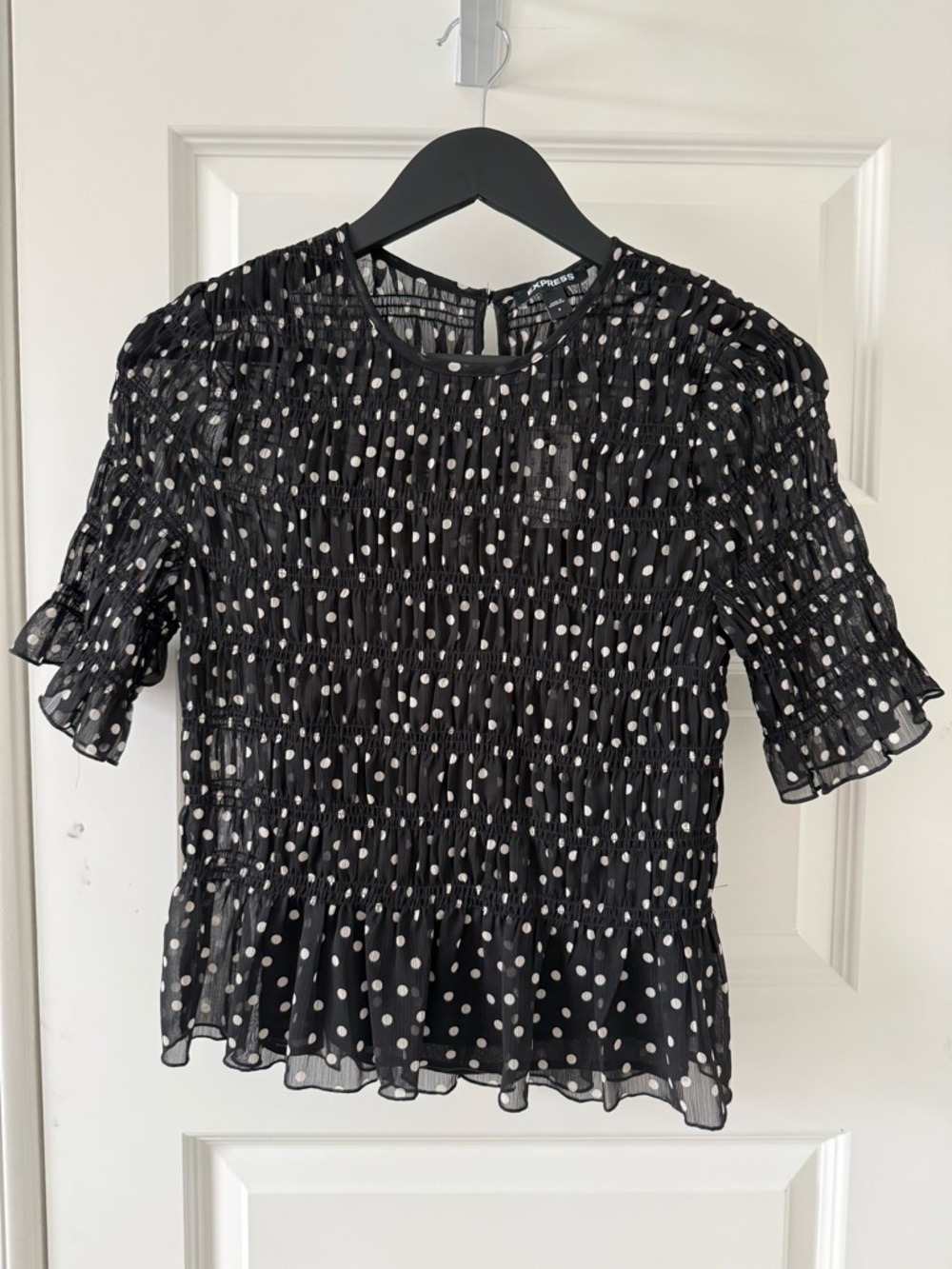 Express Black Polka Dot Smocked Short Sleeve Blouse Shirt Sheer